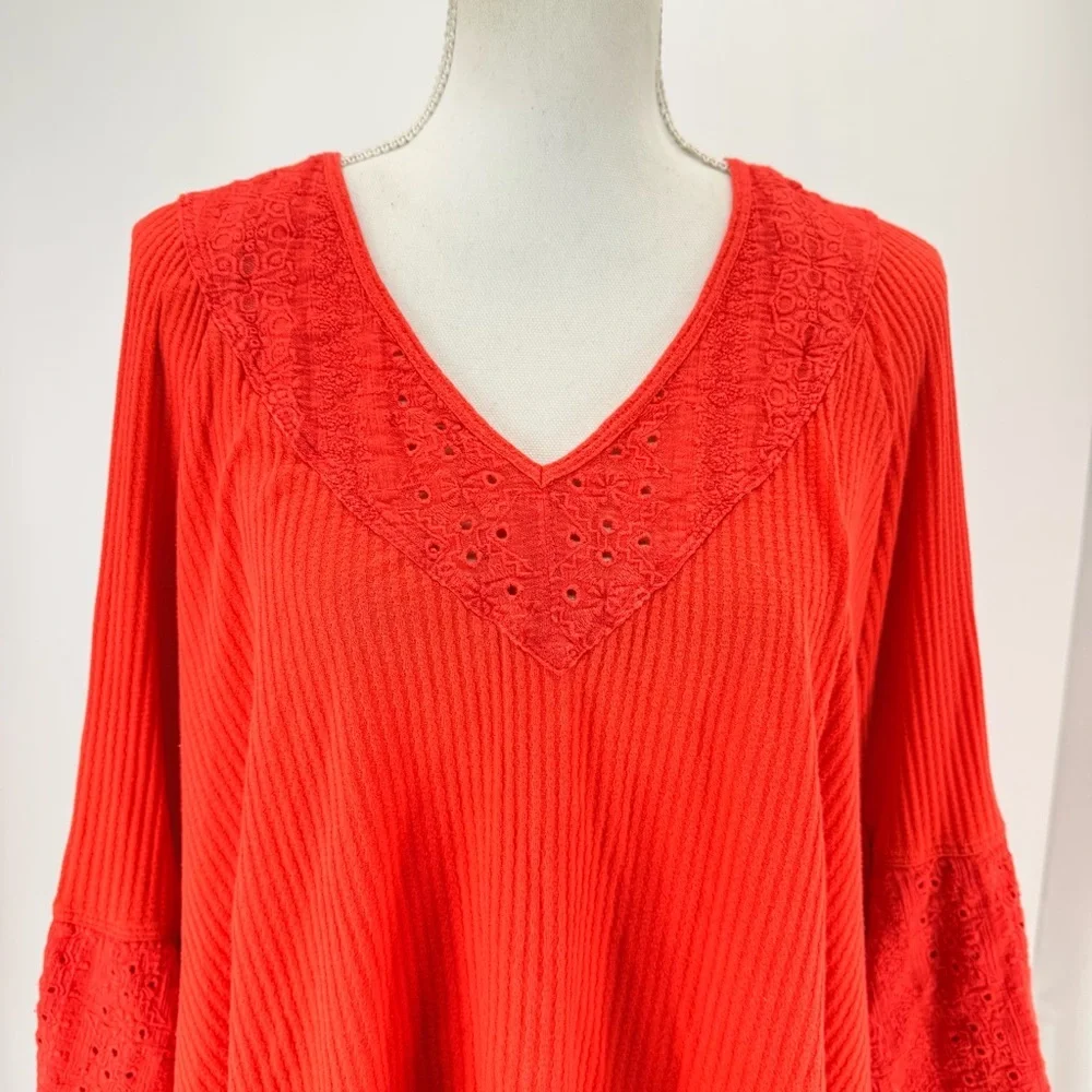 Free People Parisian Nights Bell Sleeve Peasant Blouse Eyelet Orange Size S/M